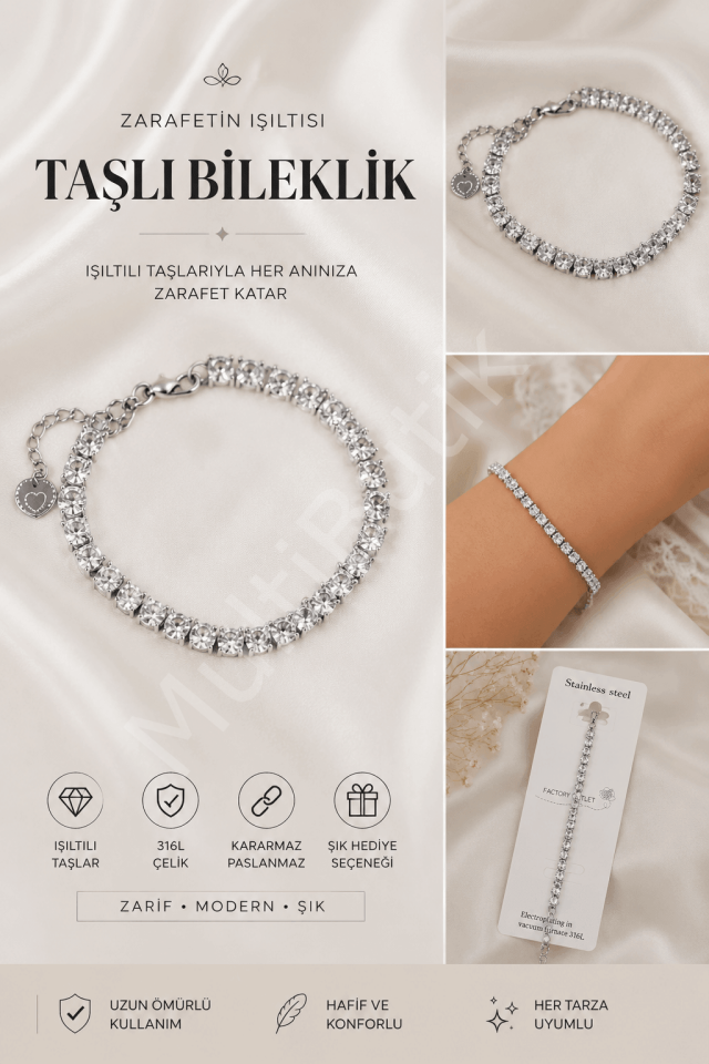 Zirkon Taşlı Mekik Model Çelik Su Yolu Bileklik