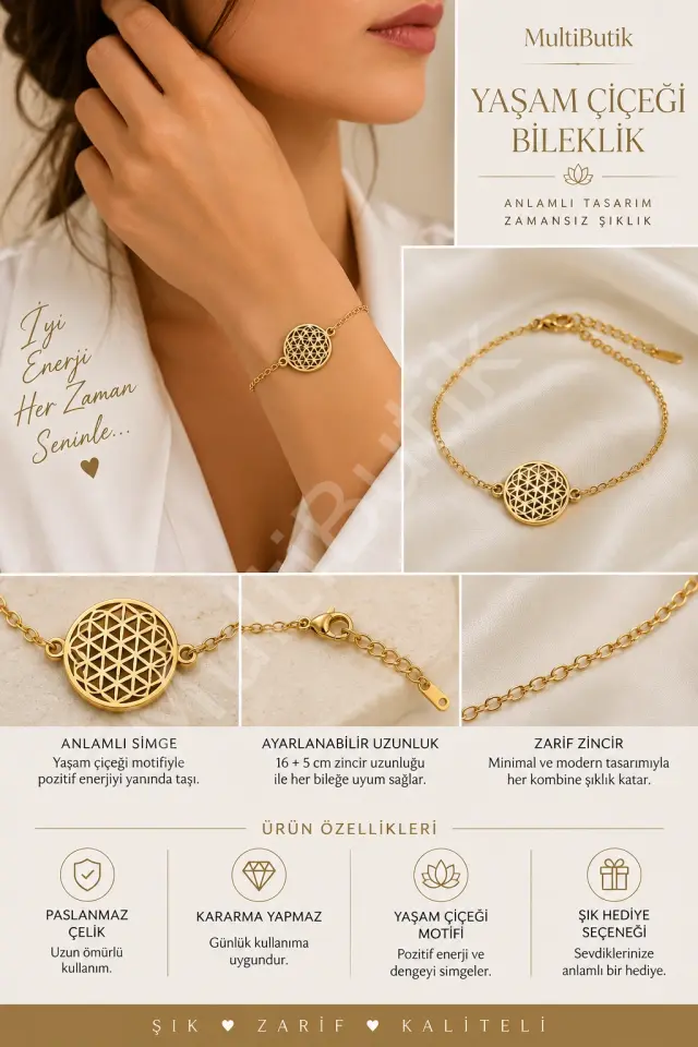 Yaşam Çiçeği Figürlü Çelik Zincir Bileklik – Gold