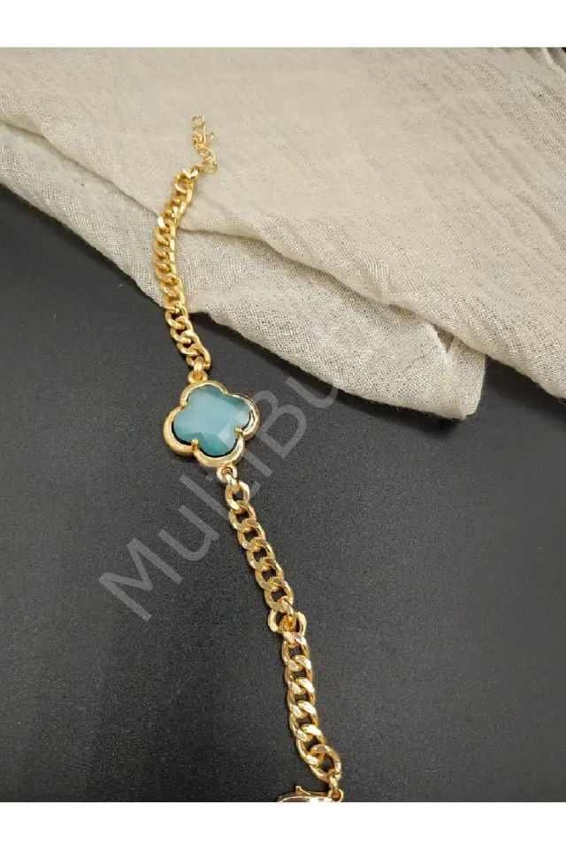 Turkuaz Kesme Kristal Taşlı Van Cleef Model Çelik Bileklik