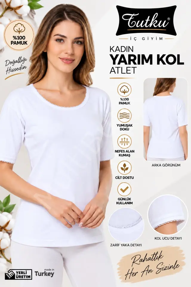Tutku %100 Pamuk Kadın Yarım Kol Atlet – Beyaz