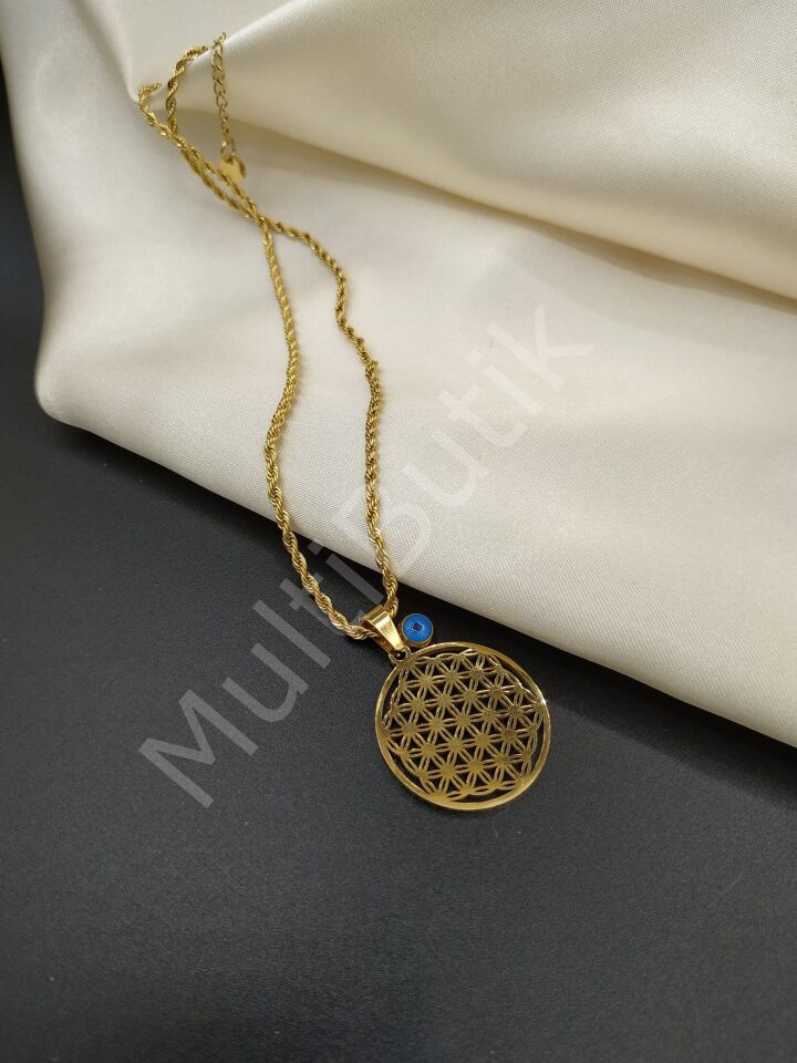 Mavi Boncuklu Yaşam Çiçeği Çelik Burgu Kolye - 45 cm