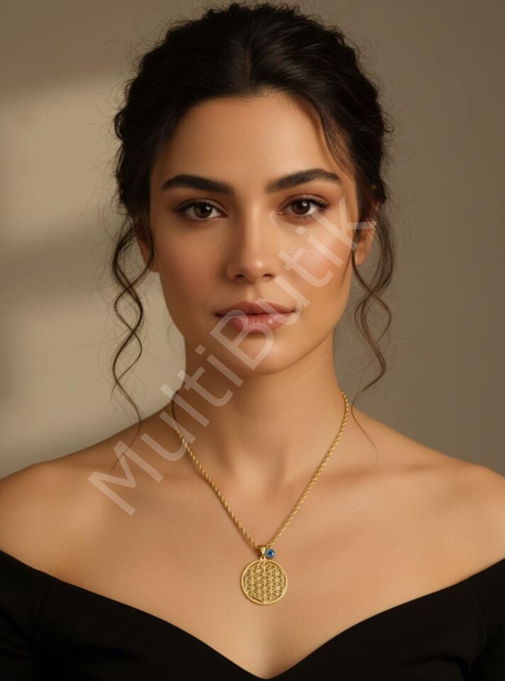 Mavi Boncuklu Yaşam Çiçeği Çelik Burgu Kolye - 45 cm