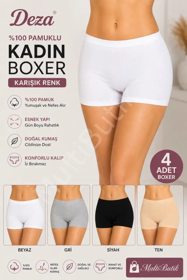 Deza %100 Pamuklu Kadın Boxer 4’lü