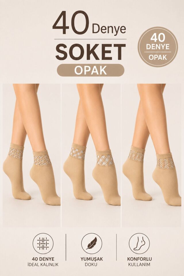 Modelli 40 Den Opak Soket Çorap (3 Çift).