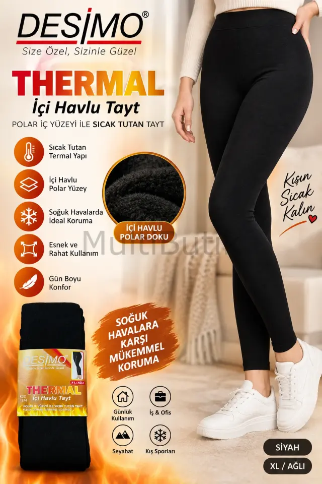 Desimo Termal İçi Havlu Polar Siyah Tayt (Yüksek Bel)