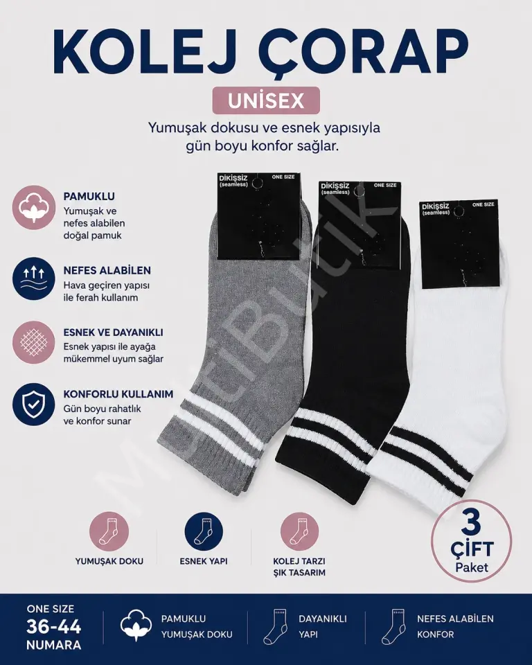 3 Çift Unisex Dikişsiz Pamuklu Kolej Çorabı