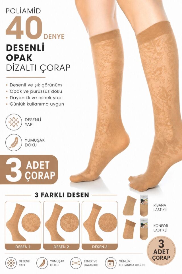 Desenli Opak Dizaltı Çorap 3 Çift
