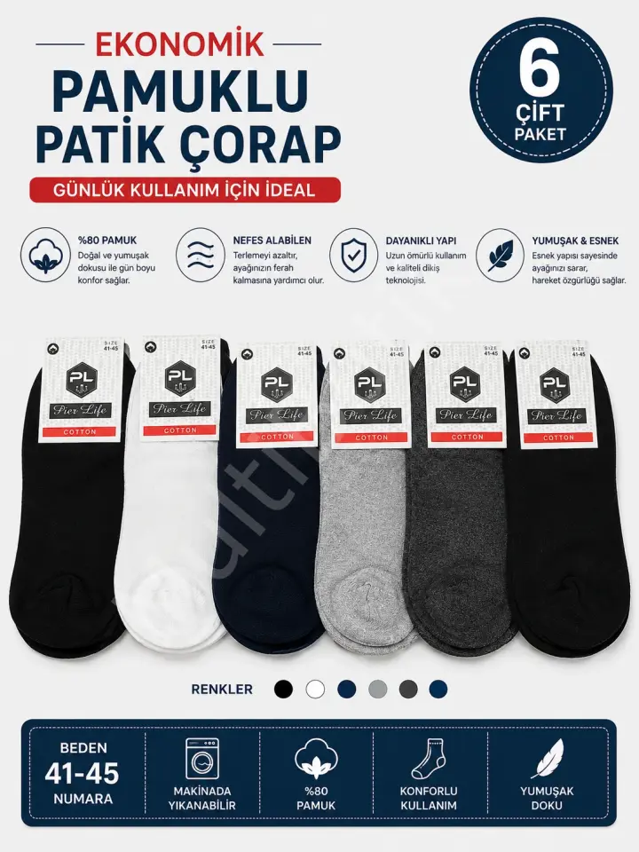 6 Çift Ekonomik Pamuklu Yazlık Patik Çorap