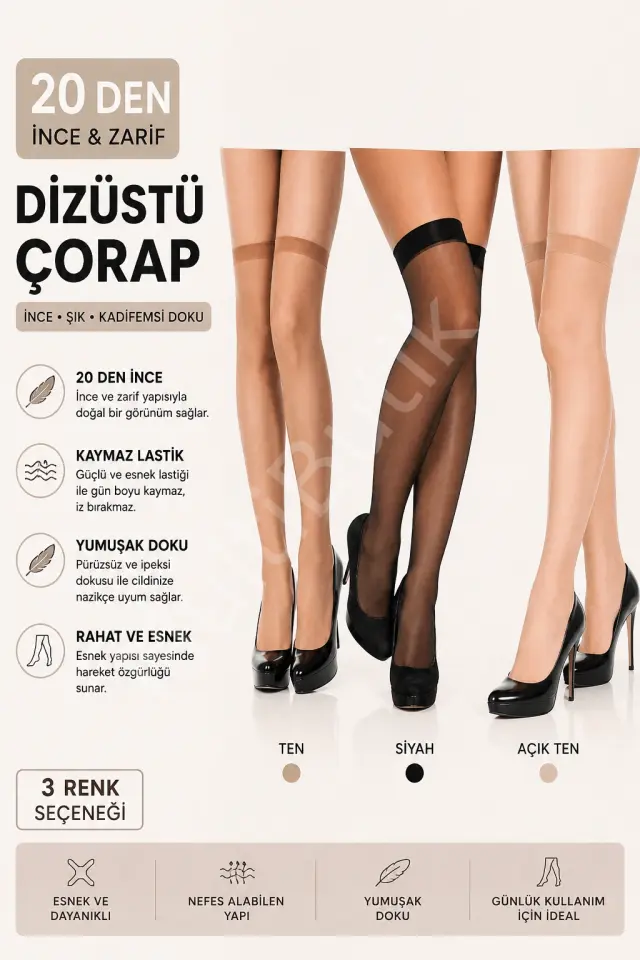 Kadın Diz Üstü 20 Denye Lastikli 3'lü Kombin Çorap Ten Siyah Sahra
