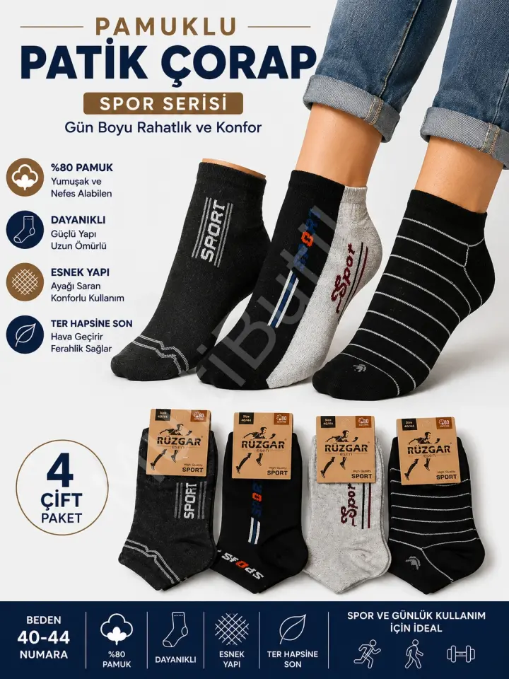 Pamuklu Spor Desenli Patik Çorap – 4 Çift Paket