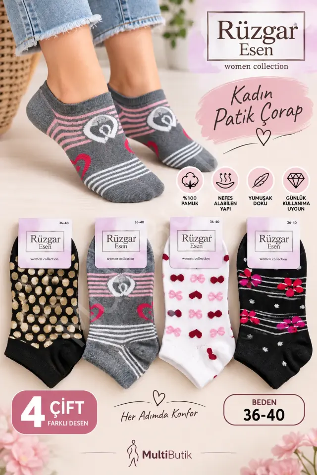 Pamuklu Spor Desenli Patik Çorap – 4 Çift Paket