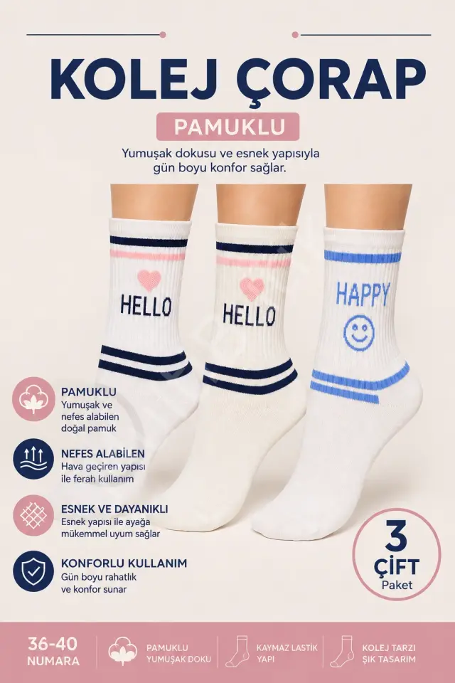 Pamuklu Kolej Çorap 3 Çift Paket – Desenli ve Renkli Modeller