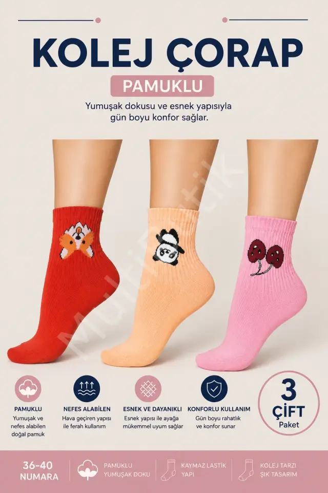 Pamuklu Kolej Çorap 3 Çift Paket – Desenli ve Renkli Modeller