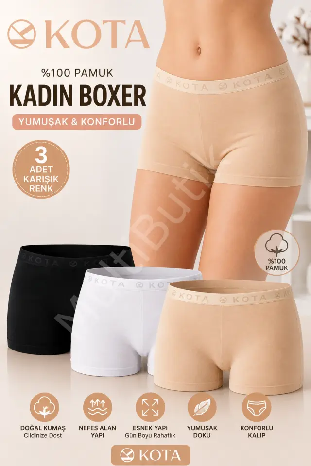 Kota %100 Pamuk Kadın Boxer – 3’lü Paket - Karışık Renk