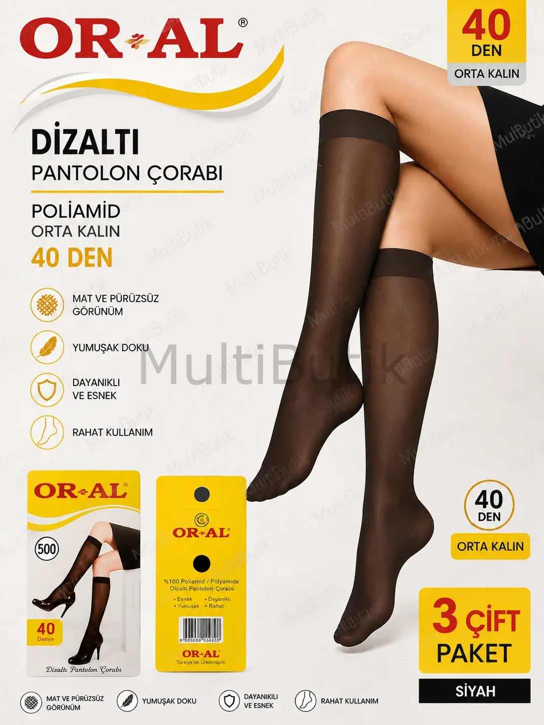 Oral 40 Den Orta Kalın Dizaltı Pantolon Çorabı - 3 Çift Si̇yah