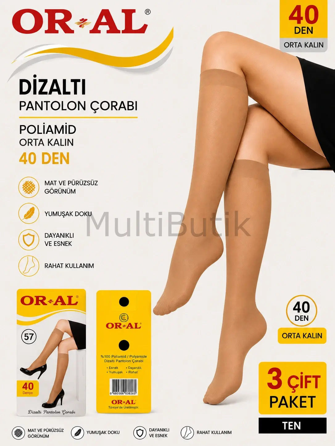 Oral 40 Den Orta Kalın Dizaltı Pantolon Çorabı - 3 Çift Ten