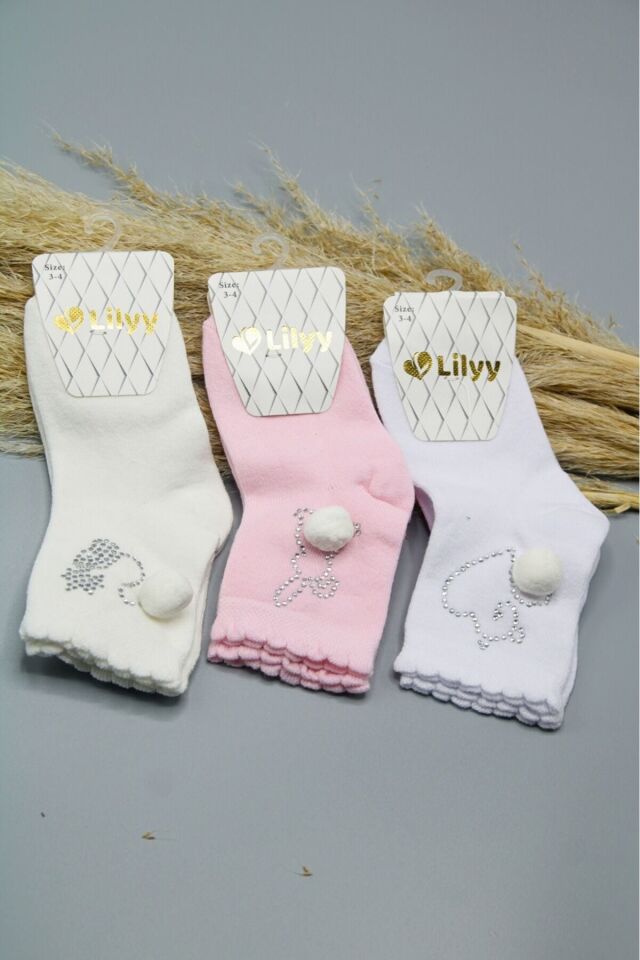 1 Set 3'lü Bebek Soket Ponpon& Taşlı
