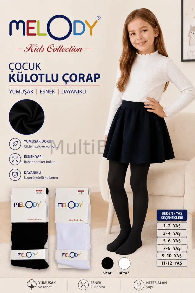 Melody Pamuklu Düz Unizex Çocuk Külotlu Çorap