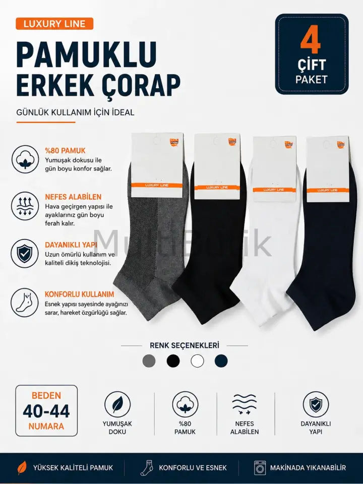 Pamuklu Unisex Patik Çorap Karışık renk 4 Çift