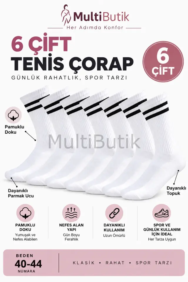 6 Çift Pamuklu Tenis Çorabı – Spor Seri