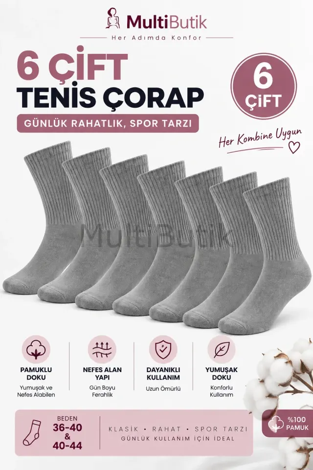 6 Çift Pamuklu Tenis Çorabı – Spor Seri