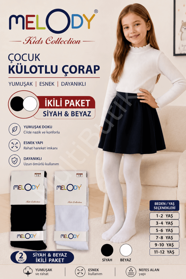 Melody Çocuk Külotlu Çorap Siyah & Beyaz – 2’li Paket