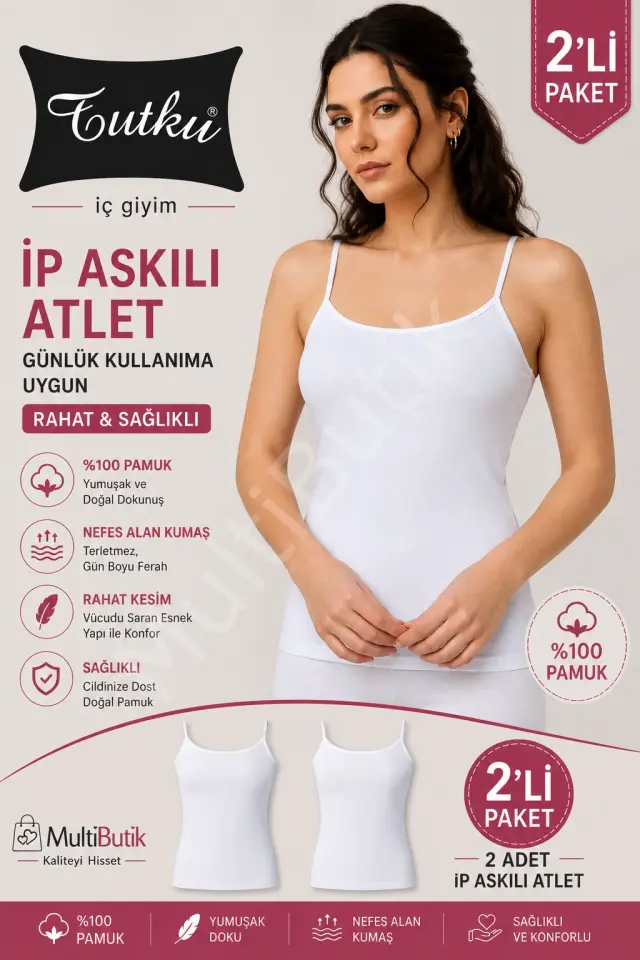TUTKU 2 Adet İp Askılı %100 Ribana Beyaz Kadın Atlet