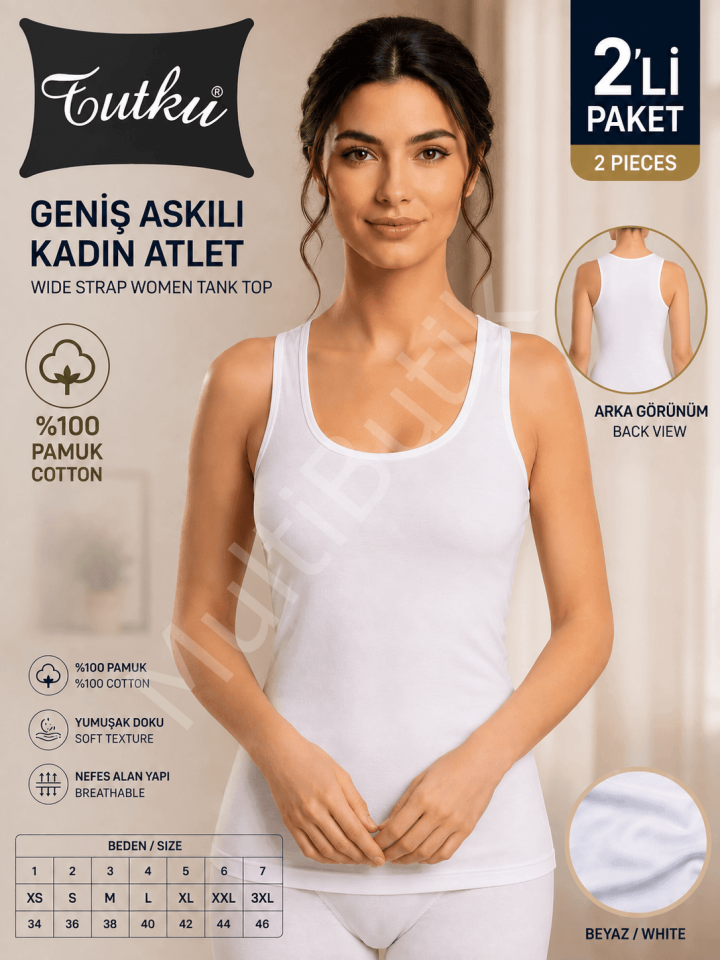 Tutku Geniş Askılı Kadın Atlet 2’li Paket – Beyaz