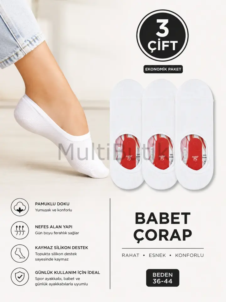 3 Çift Pamuklu Babet Çorap – Beyaz
