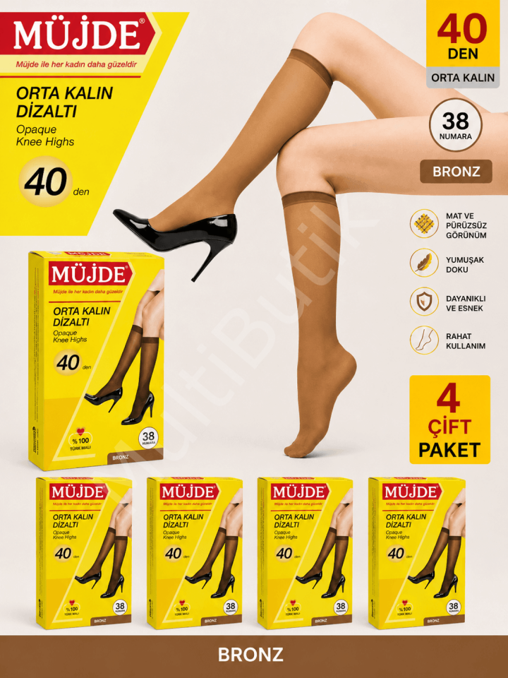 4'lü Paket Fit 40 Den Orta Kalın Diz Altı Çorap