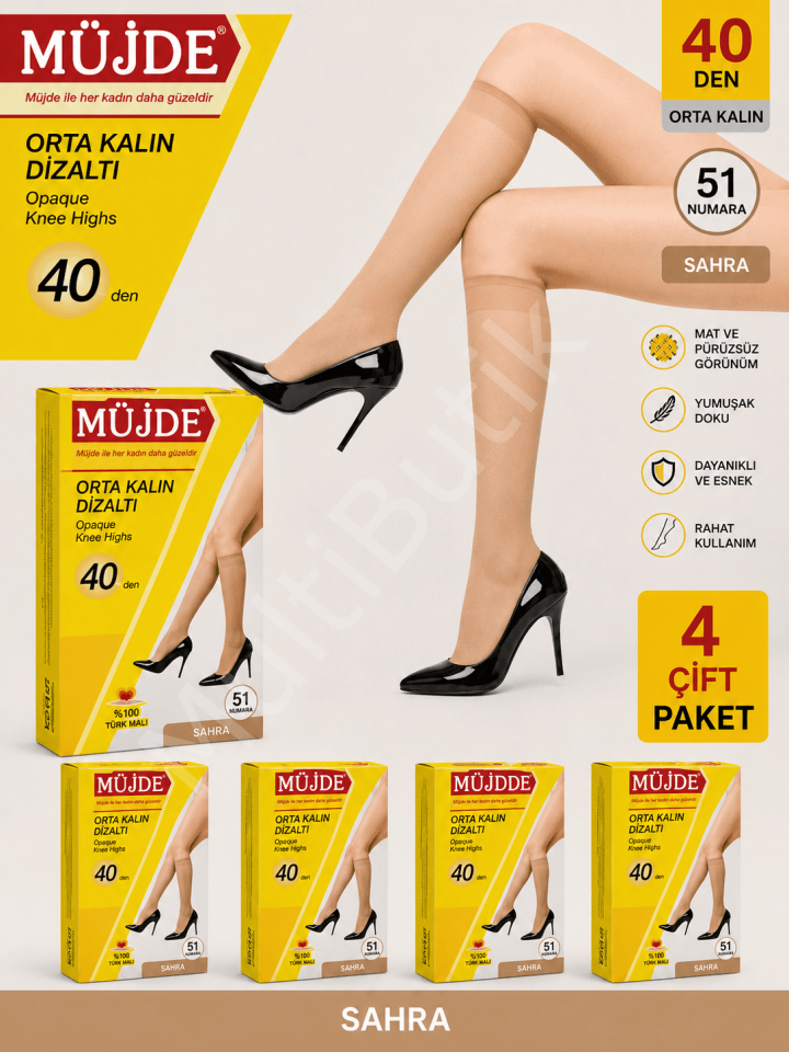 4'lü Paket Fit 40 Den Orta Kalın Diz Altı Çorap