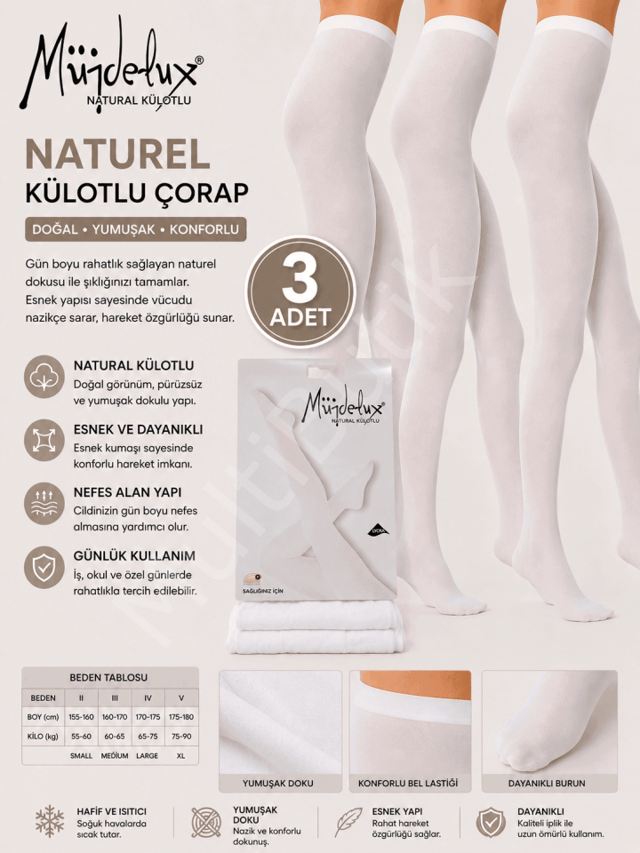 Müjdelux Naturel Külotlu Çorap 3’lü Paket