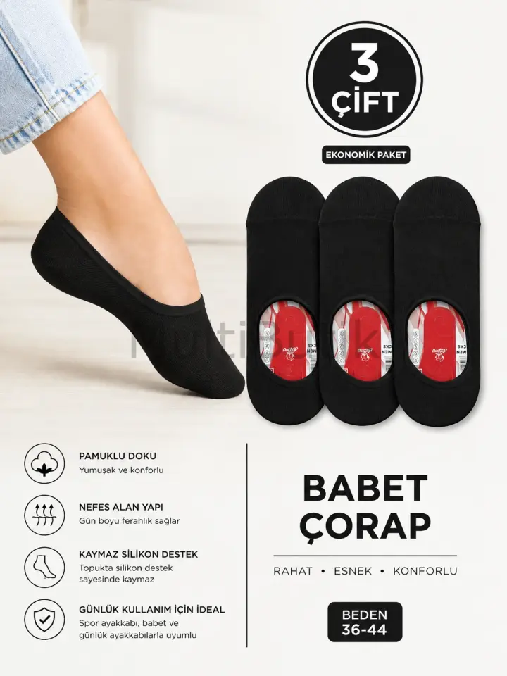 3 Çift Pamuklu Babet Çorap – Siyah