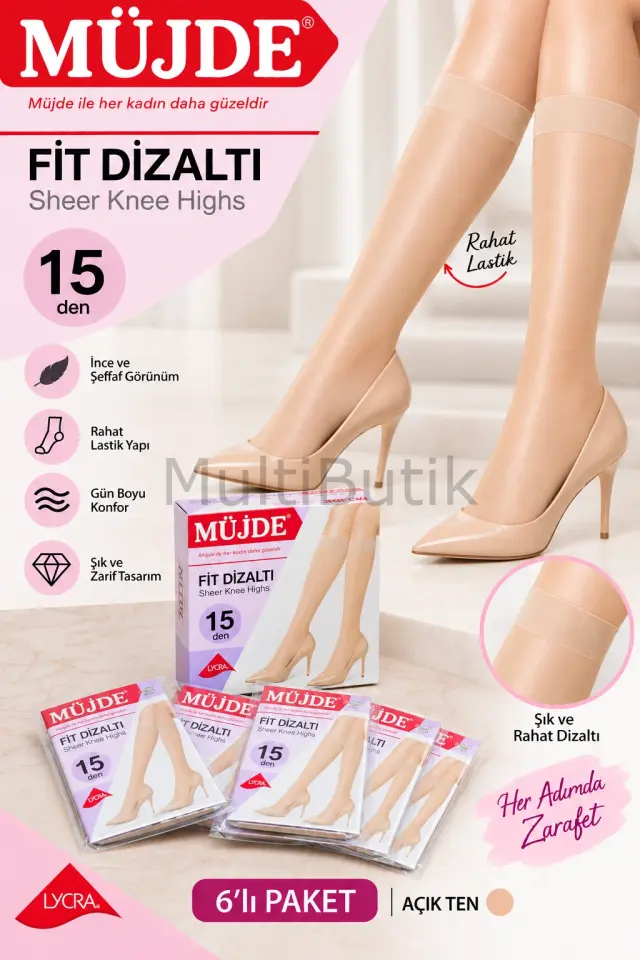 6 Çift Müjde Fit Parlak Süper ince (15 Den) Dizaltı Pantolon Çorabı