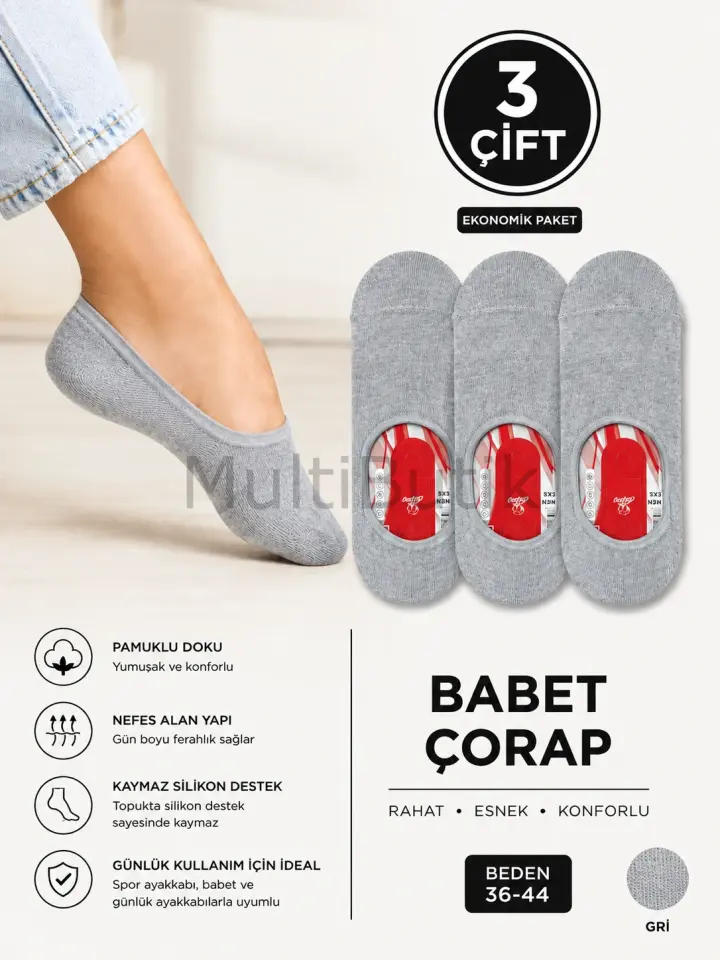 3 Çift Pamuklu Babet Çorap – Gri