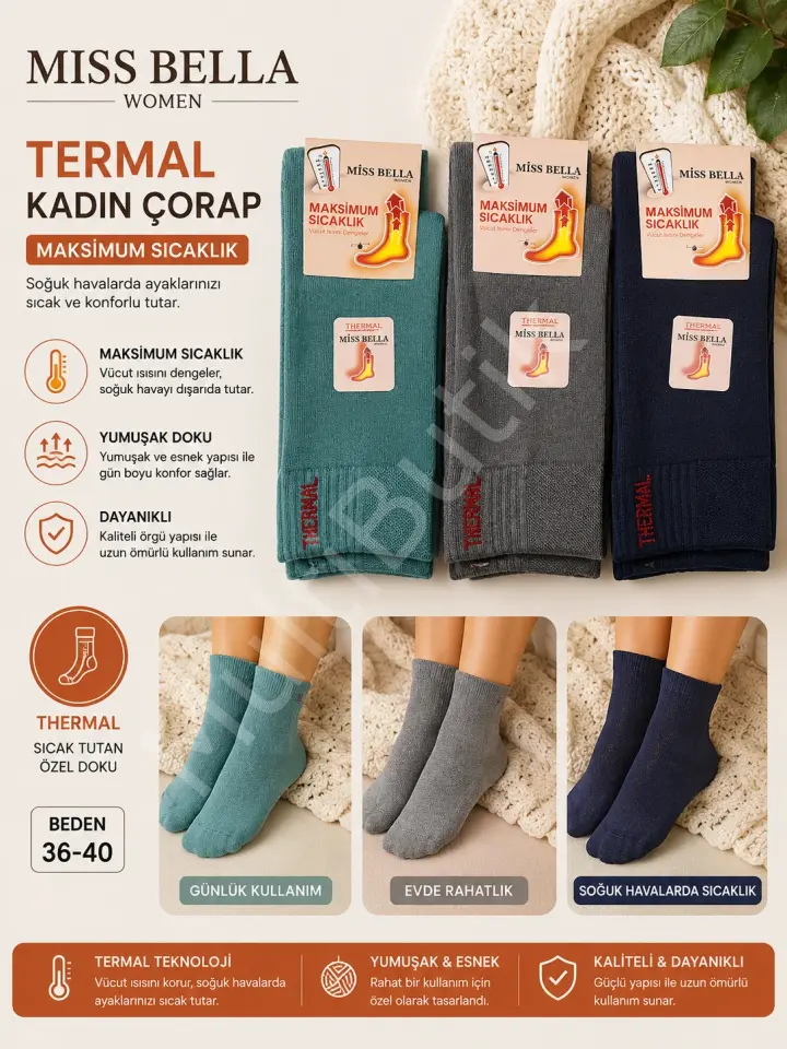 3 ÇİFT PREMİUM TERMAL HAVLU ÇORAP KIŞLIK SOKET