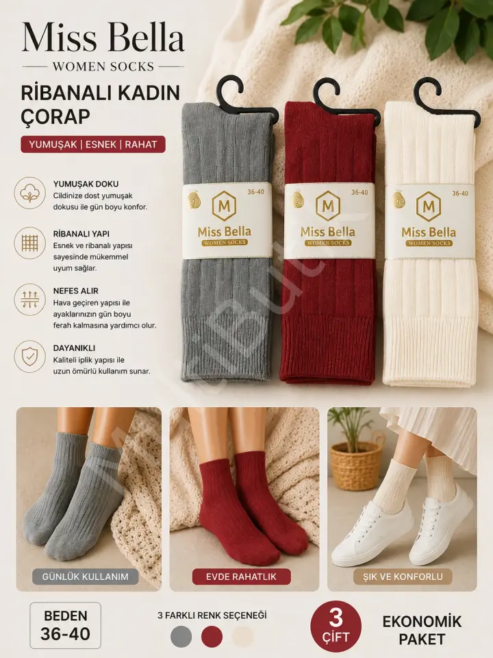 3 ÇİFT PREMİUM TERMAL YÜN ÇORAP LAMBSWOOL KIŞLIK SOKET