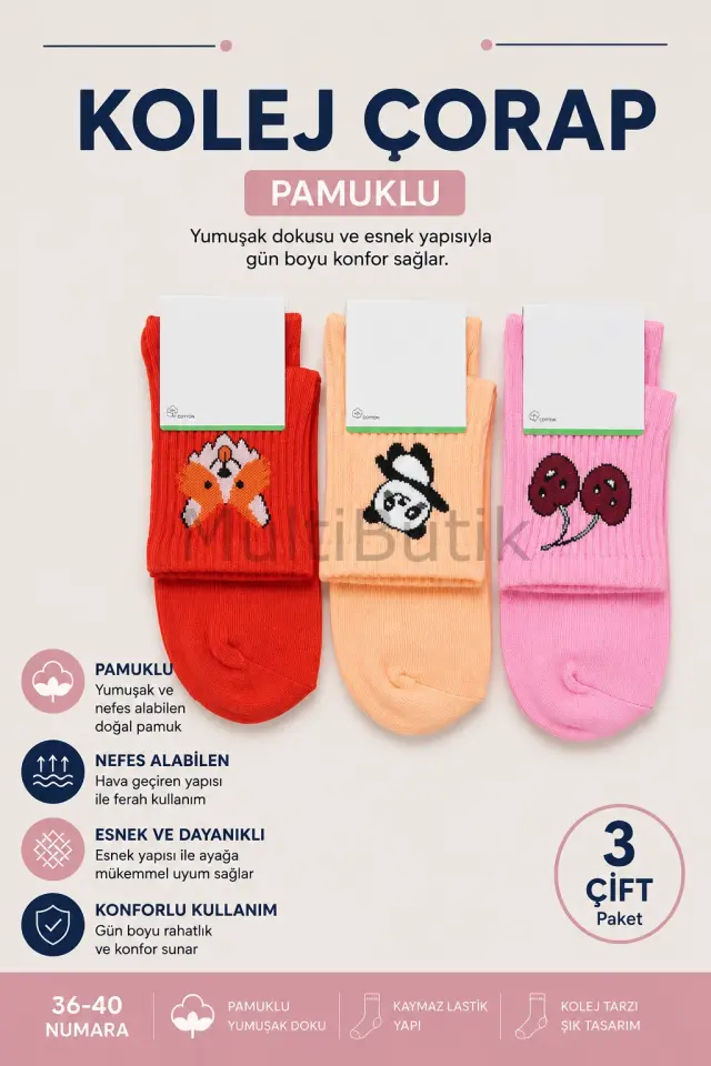 3 Çift Pamuklu Desenli Kolej Çorap
