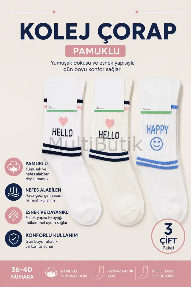 3 Çift Pamuklu Desenli Kolej Çorap