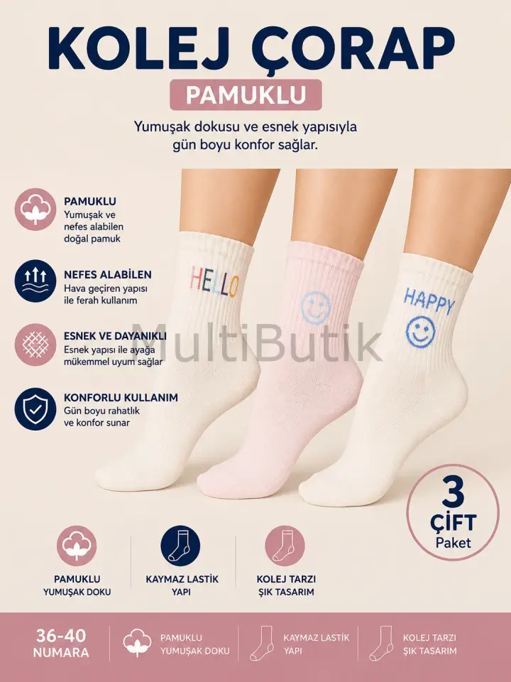 3 Çift Pamuklu Desenli Kolej Çorap