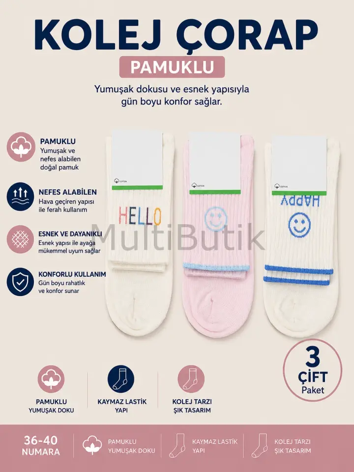 3 Çift Pamuklu Desenli Kolej Çorap