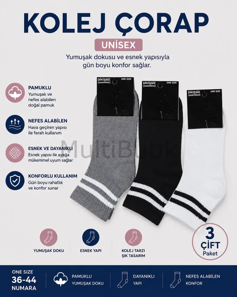 DESİMO 3 Çift Unisex Dikişsiz Kolej Çorap