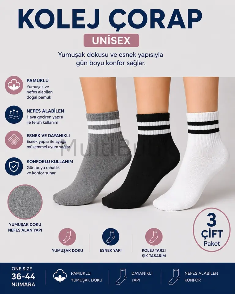DESİMO 3 Çift Unisex Dikişsiz Kolej Çorap