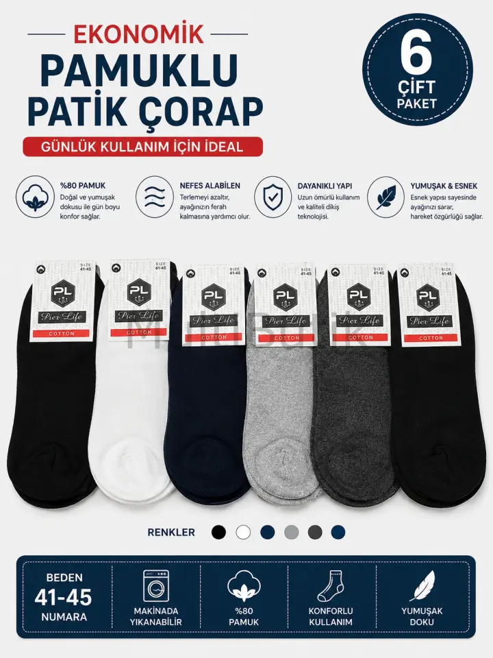 Ekonomik Pamuklu Düz Patik Çorap – 6 Çift