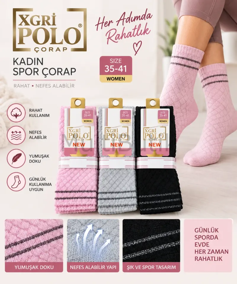 XGRİ Polo Sport Pamuklu Kadın Tenis Çorabı – 3 Çift
