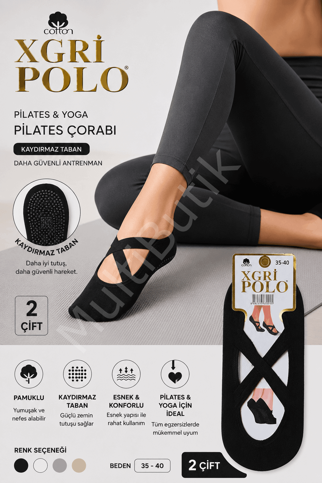 XGRİ POLO Kadın Kaydırmaz Tabanlı Pilates & Yoga Çorabı - 2 Adet