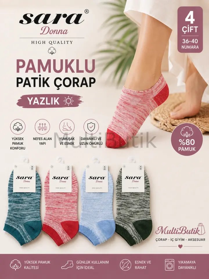 Melanj Desenli %80 Pamuklu Patik Çorap – 4 Çift