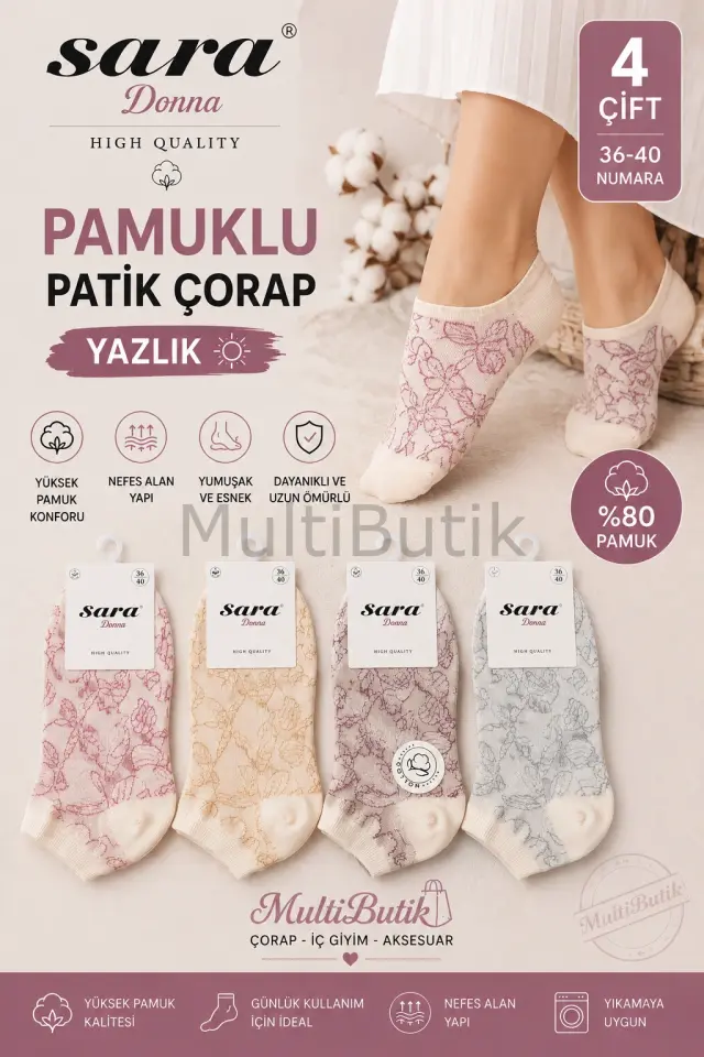 Melanj Desenli %80 Pamuklu Patik Çorap – 4 Çift
