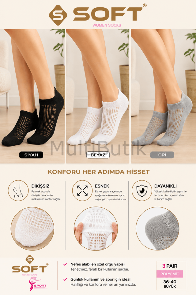 SOFT Kadın Fileli Poliamid Patik Çorap – 3 Çift
