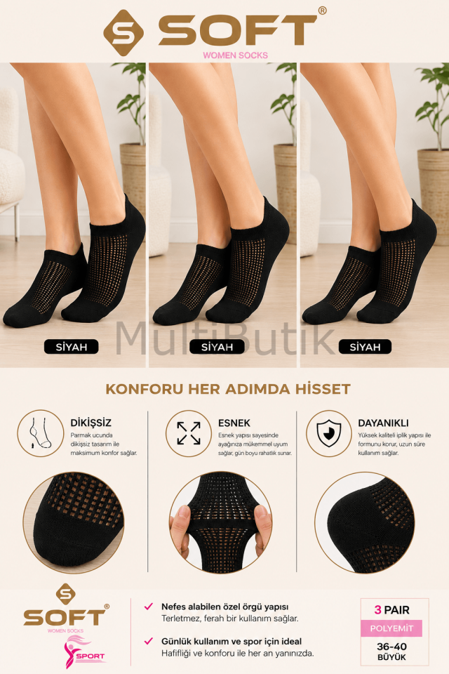 SOFT Kadın Fileli Poliamid Patik Çorap – 3 Çift